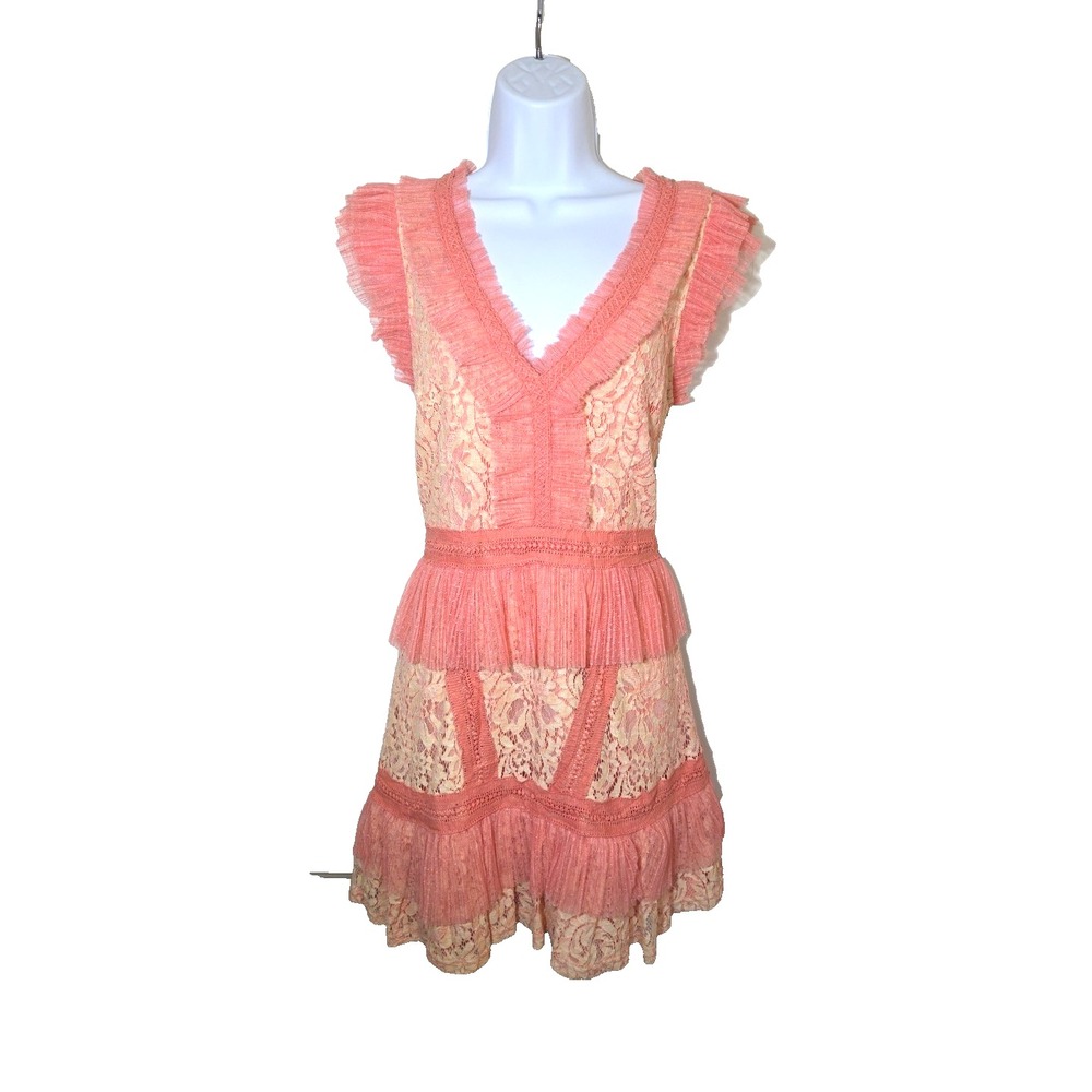 Adelyn Rae Aviana Dress Peach Lace‎ Floral Chiffon Ruffles Sz Small MSRP $133
